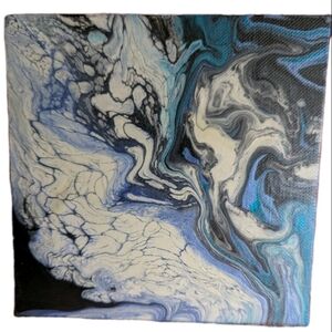 Abstract Fluid Pour Painting 6" x 6" Canvas Board Home Decor Wall Art Blue White